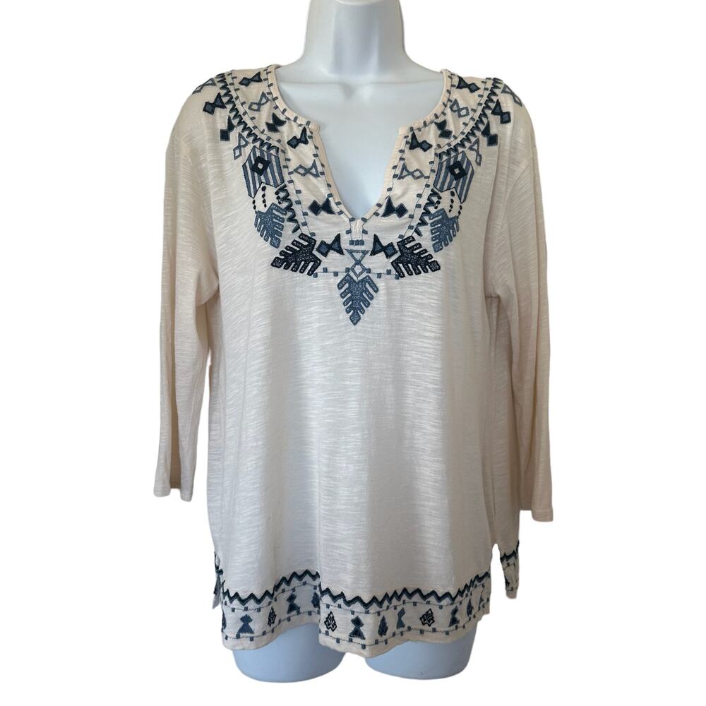 Lucky Brand 3/4 Sleeve Embroidered Breathable Top Cream Size Small